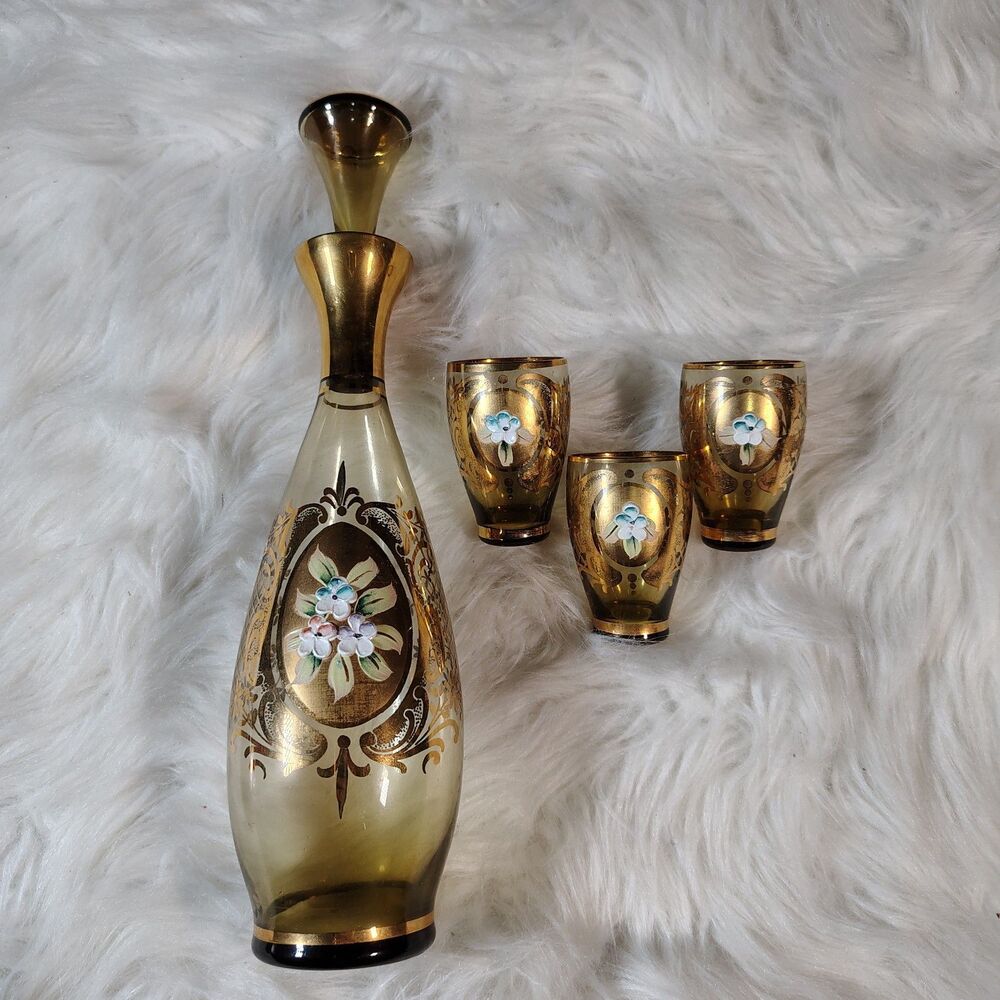 VTG MCM Hand Painted Bohemian Decanter W 3 Glasses